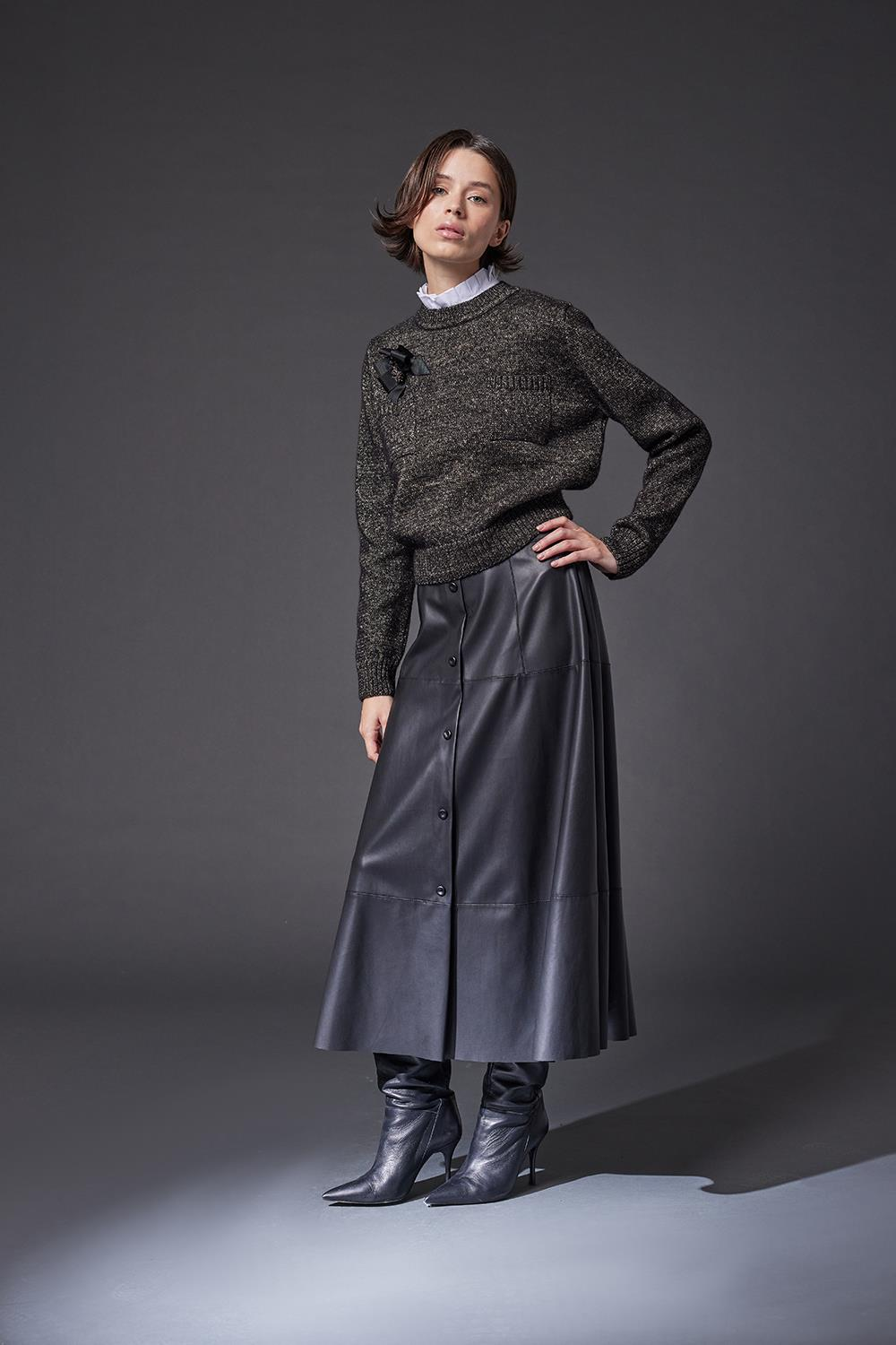 DÜĞMELİ VEGAN DERİ ETEK